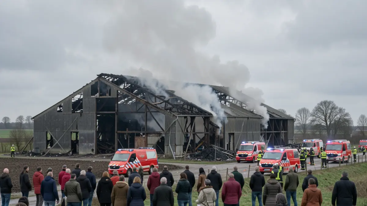 Generic image of a burnt-out shed with smoke rising, surrounded by emergency services under a grey sky.