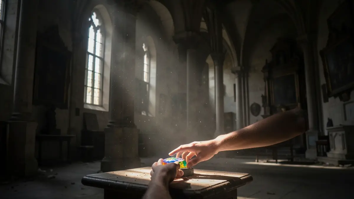 Generieke afbeelding van een sombere, historische interieur met een spotlight op een klein, waardevol object, wat het risico van bezuinigingen op erfgoed symboliseert.