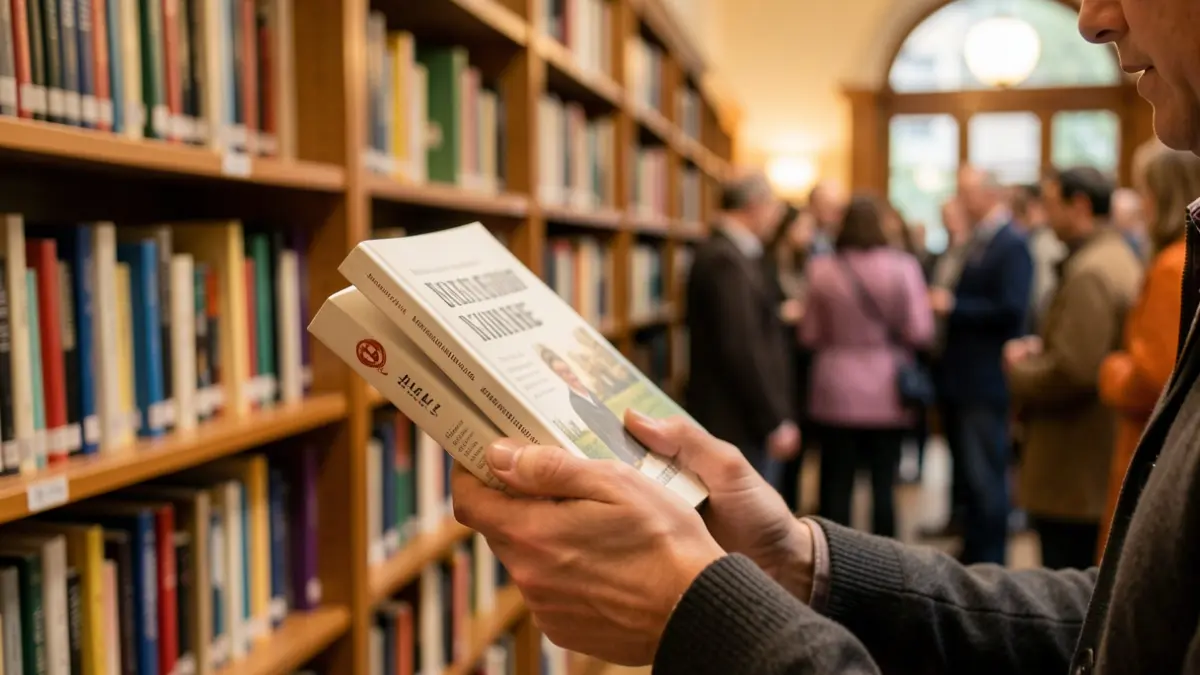 Generic image of a hand holding a book, with a blurred library shelf in the background. The focus is on the book and hand, with a warm, inviting atmosphere.