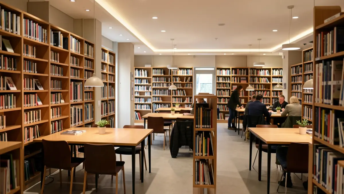 Generieke afbeelding van een moderne bibliotheek in Vlaanderen met boekenrekken en leestafels.
