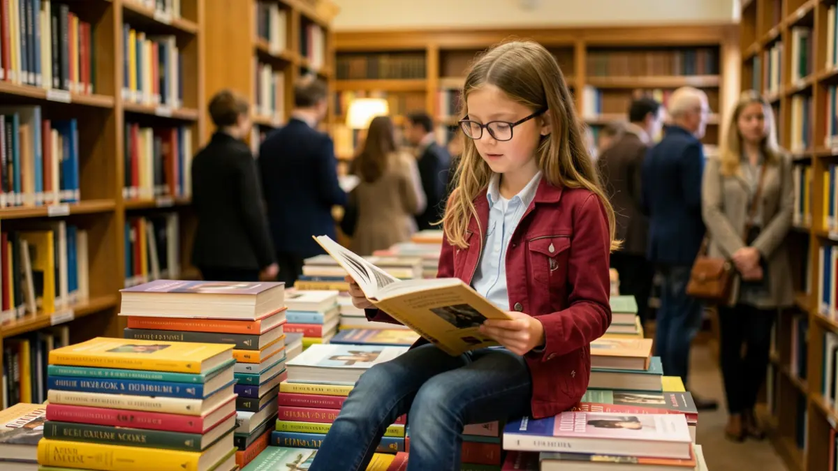 Een jong meisje zit op een stapel boeken in een bibliotheek, lezend met interesse. Zachte belichting.