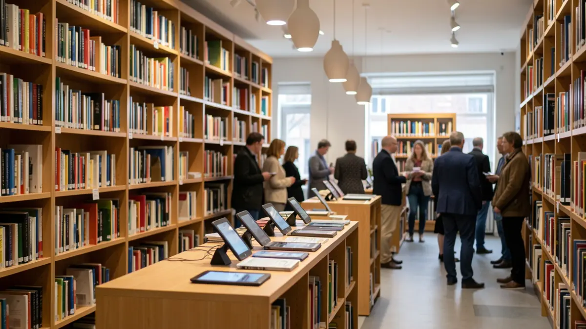 Generic image of the inside of a library with bookshelves and e-readers on a counter.