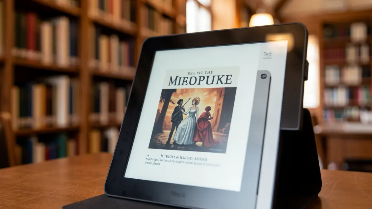 Generieke afbeelding van een e-reader met een boek op het scherm, met op de achtergrond wazige boekenplanken in een bibliotheek.