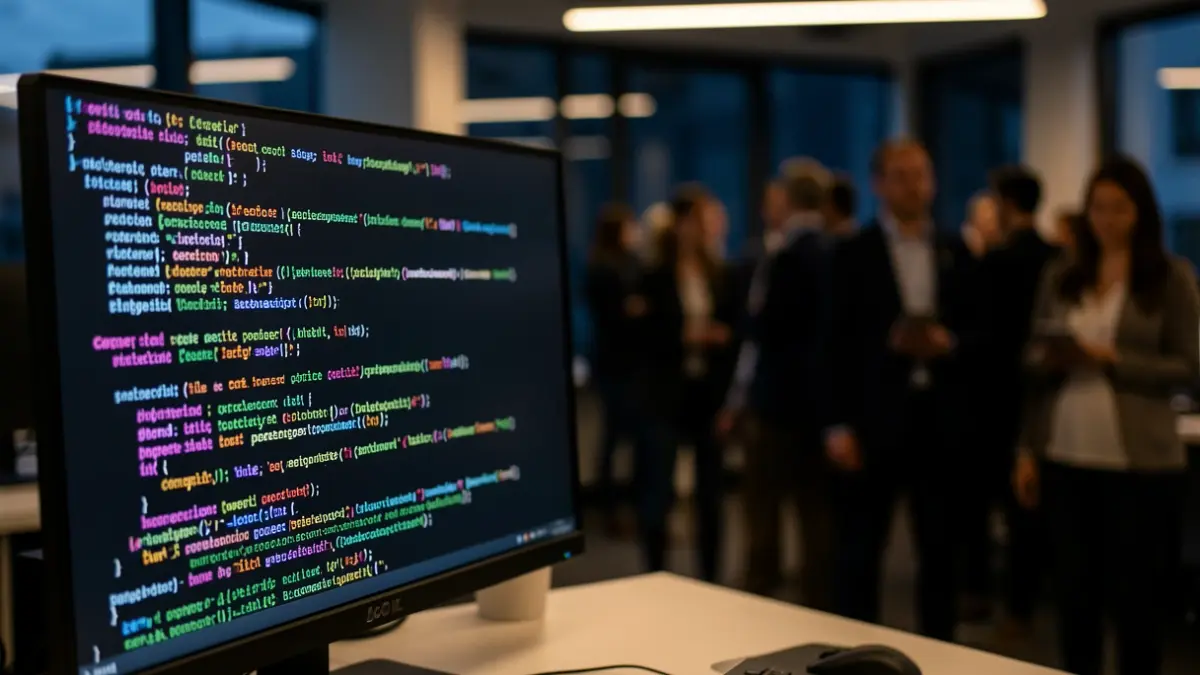 Generic image of a dark computer screen displaying abstract code or error messages, representing a cybersecurity issue. The background is blurred, suggesting an office environment at night. Focus on the screen's glow.