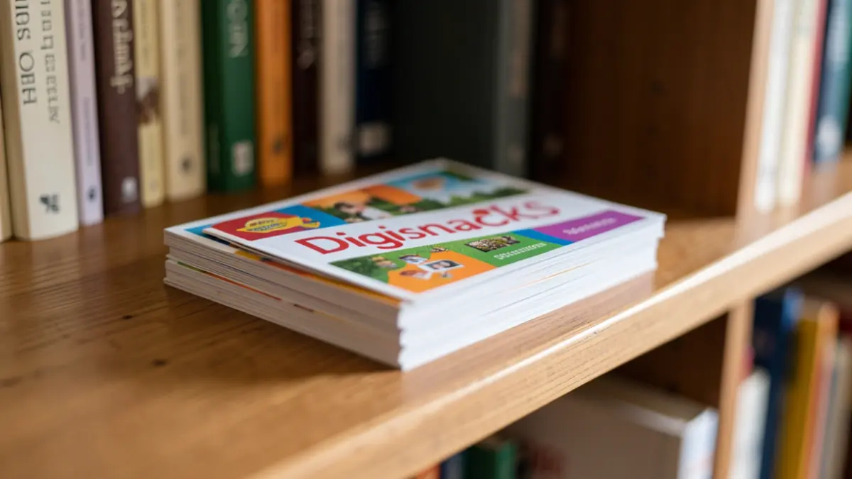 Een stapel kleine, kleurrijke gidsjes genaamd 'Digisnacks' op een bibliotheekplank.