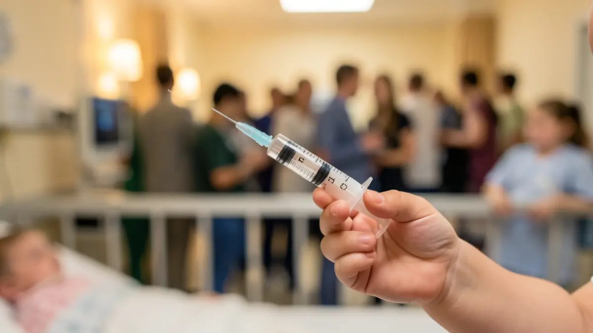 Close-up van een babyhandje dat een medische spuit vasthoudt, met een wazige ziekenhuiskamer op de achtergrond en zachte, warme verlichting.