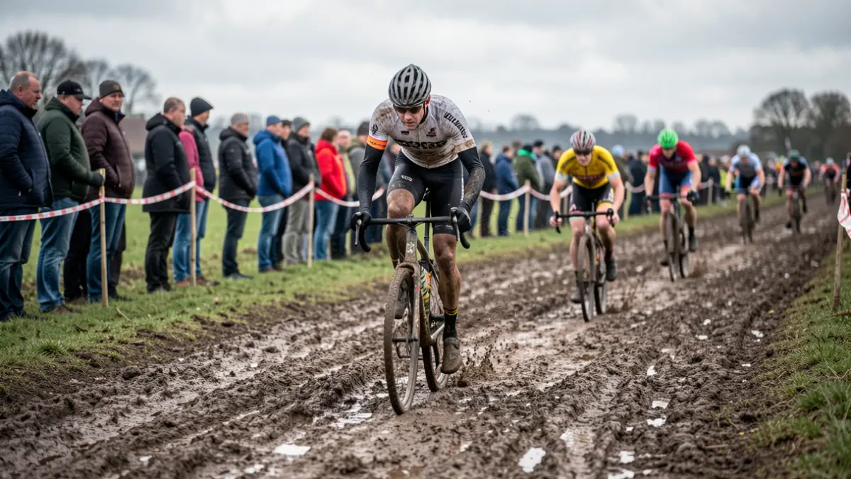 Generic image of a muddy cyclocross race track in Flanders with blurred spectators and a few cyclists in motion.