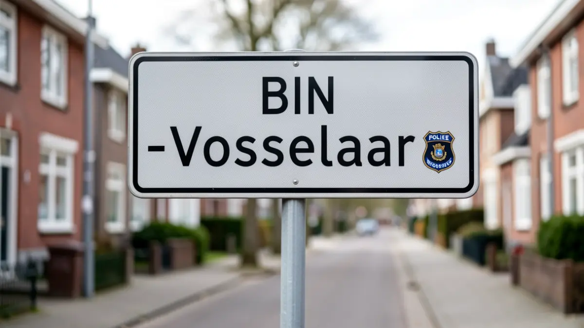 Street sign with 'BIN-Vosselaar' and a police icon in a Flemish residential neighborhood.