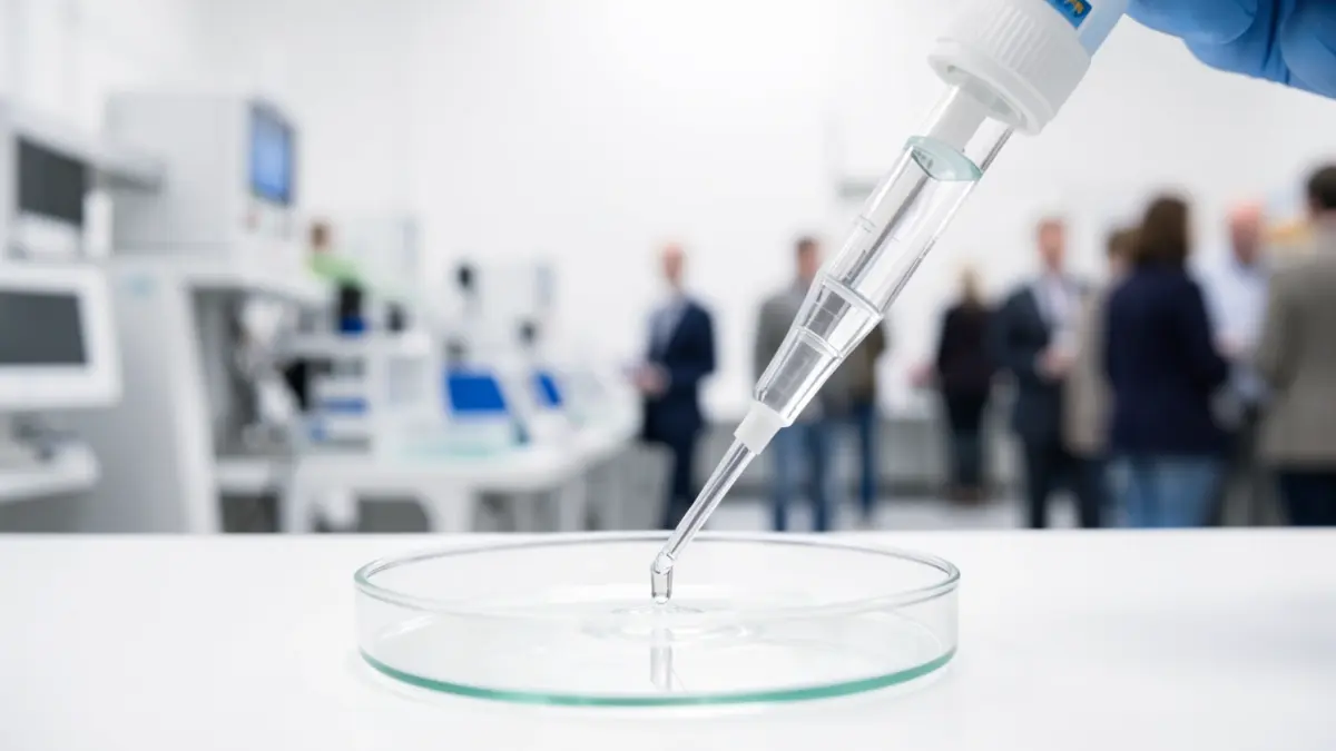Generieke afbeelding van een laboratoriumpipet die een heldere vloeistof in een petrischaal doet, met vervaagde biotechapparatuur op de achtergrond.