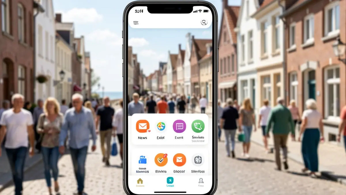 Generic image of a smartphone displaying a city app interface, with a blurred street scene of a Belgian coastal town in the background.