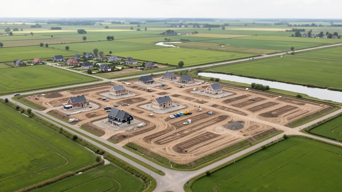 Generieke afbeelding van een nieuwe woonwijk in aanbouw in een groen polderlandschap.