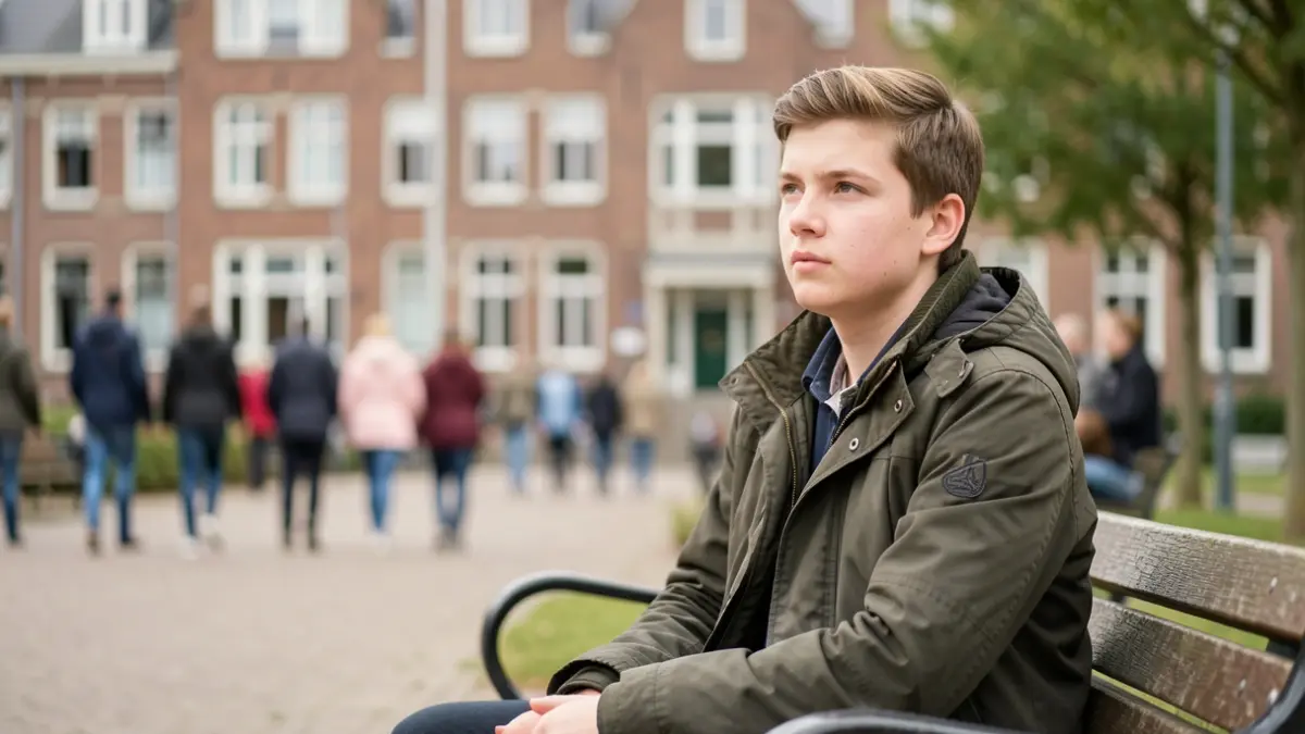 Jongere zit op een bankje in een park in Blankenberge, met een gemeenschapsgebouw op de achtergrond.