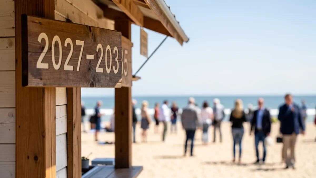 Een strandconcessiestand met een bord waarop '2027-2035' staat, met de zee op de achtergrond.