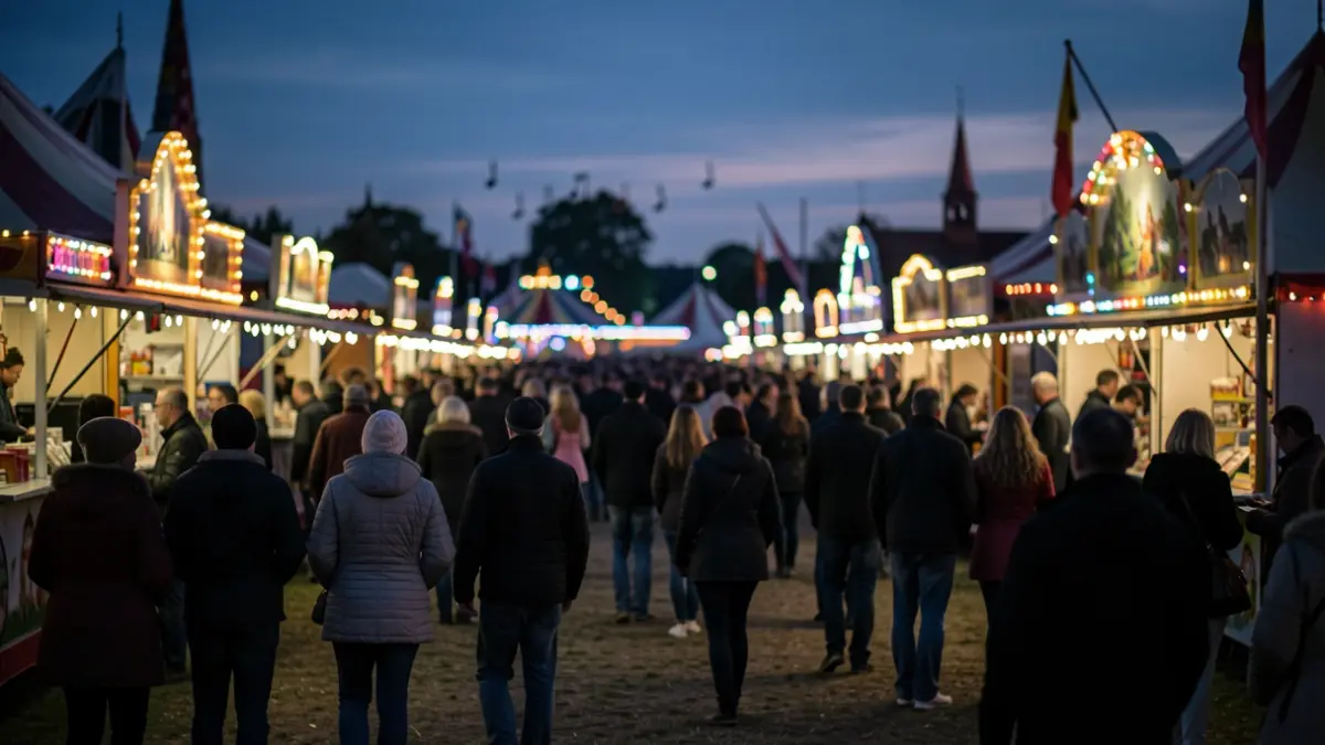 Generieke afbeelding van een rustige kermis 's avonds met zachte verlichting.