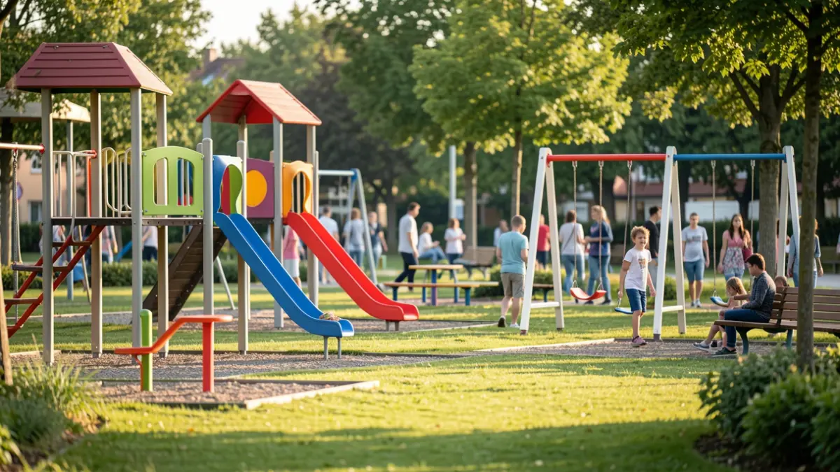 Een levendige, kindvriendelijke speelruimte met moderne speeltoestellen en veel groen, in zacht middaglicht.