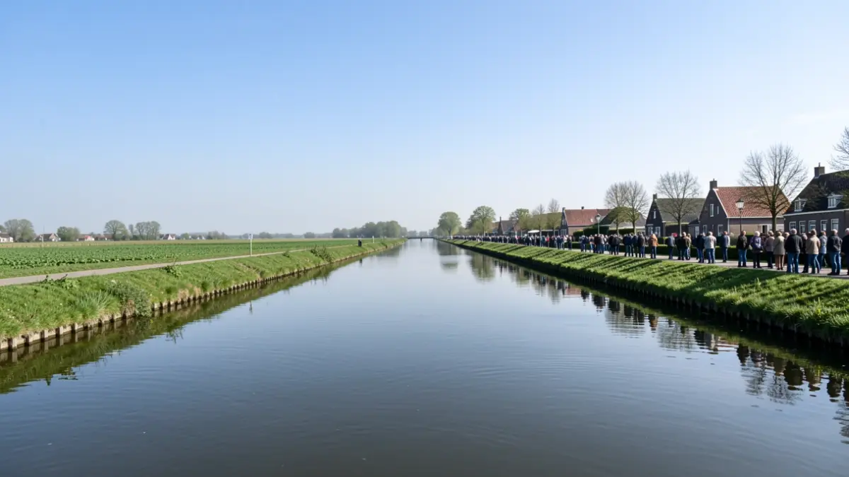 Generieke afbeelding van een rustig kanaal in Vlaanderen met groene oevers en een heldere blauwe lucht.