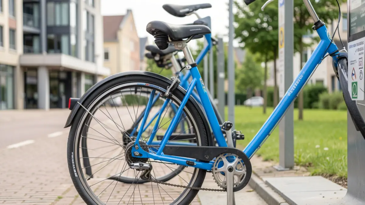 Een blauwe deelfiets van Blue-bike staat geparkeerd aan een fietsstation in een Vlaamse gemeente.