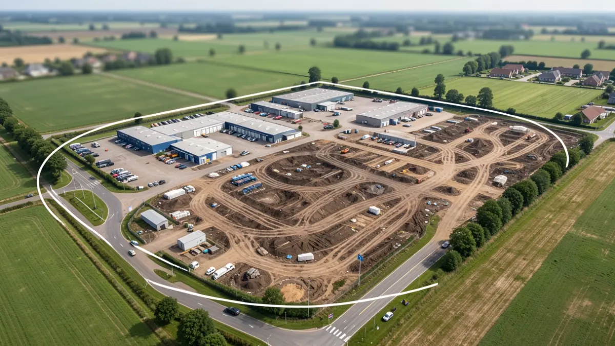 Luchtfoto van een industrieterrein met bodemverontreiniging en een veiligheidsperimeter.