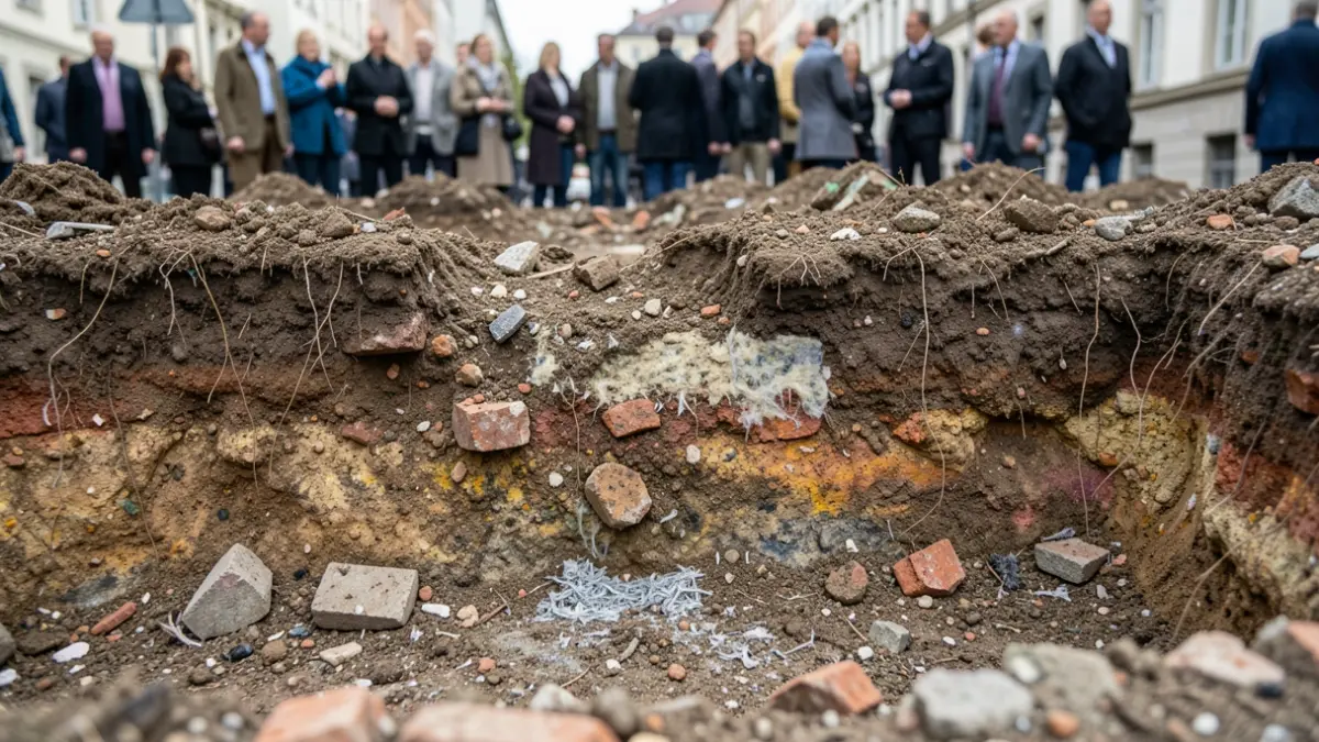 Soil analysis reveals a historical fill layer with debris, brick, and concrete, containing concentrations of mineral oil and PAHs. A demarcated zone with asbestos-containing material is also visible.