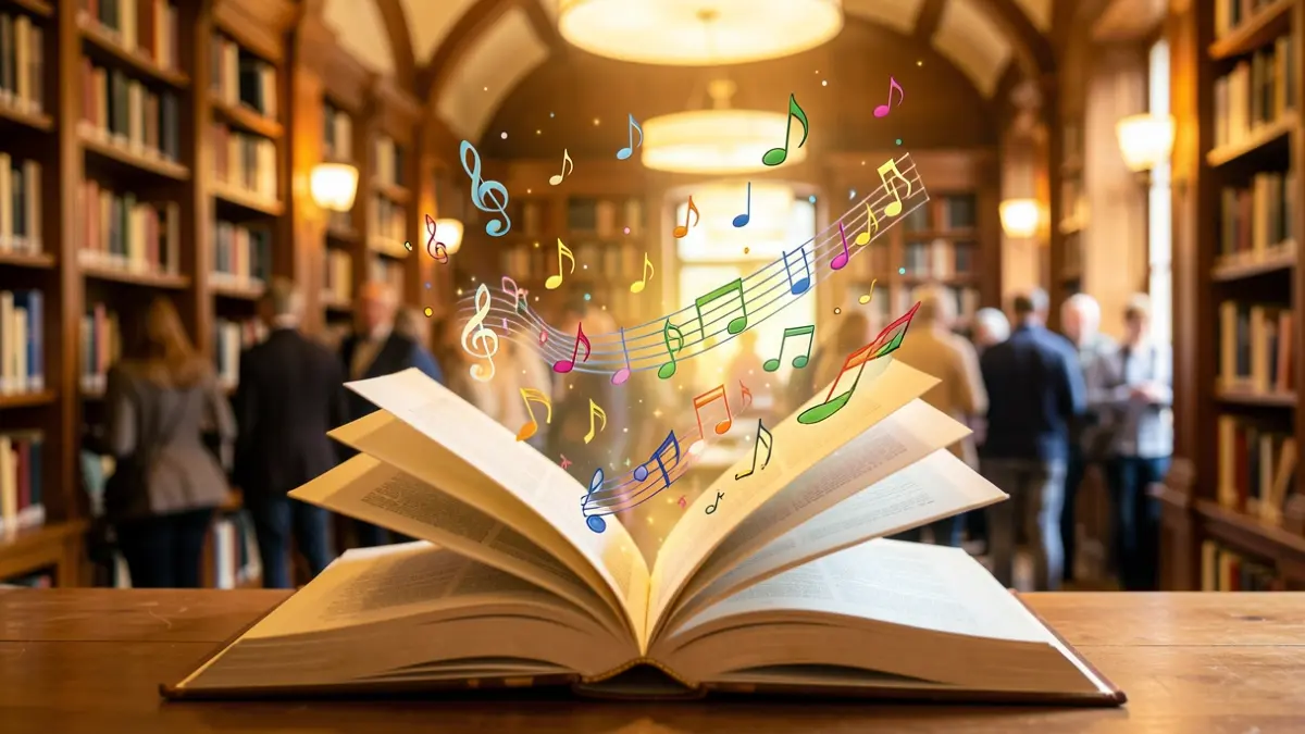 Generic image of an open book with pages turning into musical notes and abstract story elements, set against a blurred background of bookshelves in a warm library.