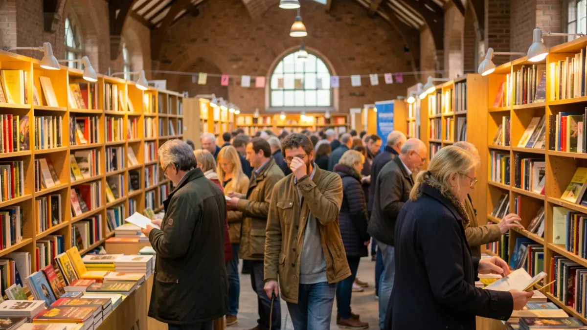 Generieke afbeelding van een levendig boekenfestival in Vlaanderen, met wazige menigten die boeken bekijken en deelnemen aan literaire activiteiten. Focus op de sfeer van een boekenbeurs, met warme verlichting en een gevoel van gemeenschap. Vermijd specifieke gezichten of tekst.