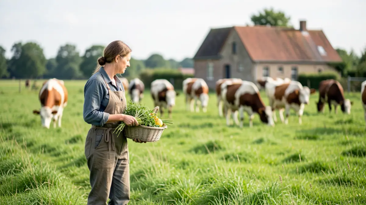 A farmer in a green field in Flanders, with cows in the background and a farmhouse. Soft, natural light.