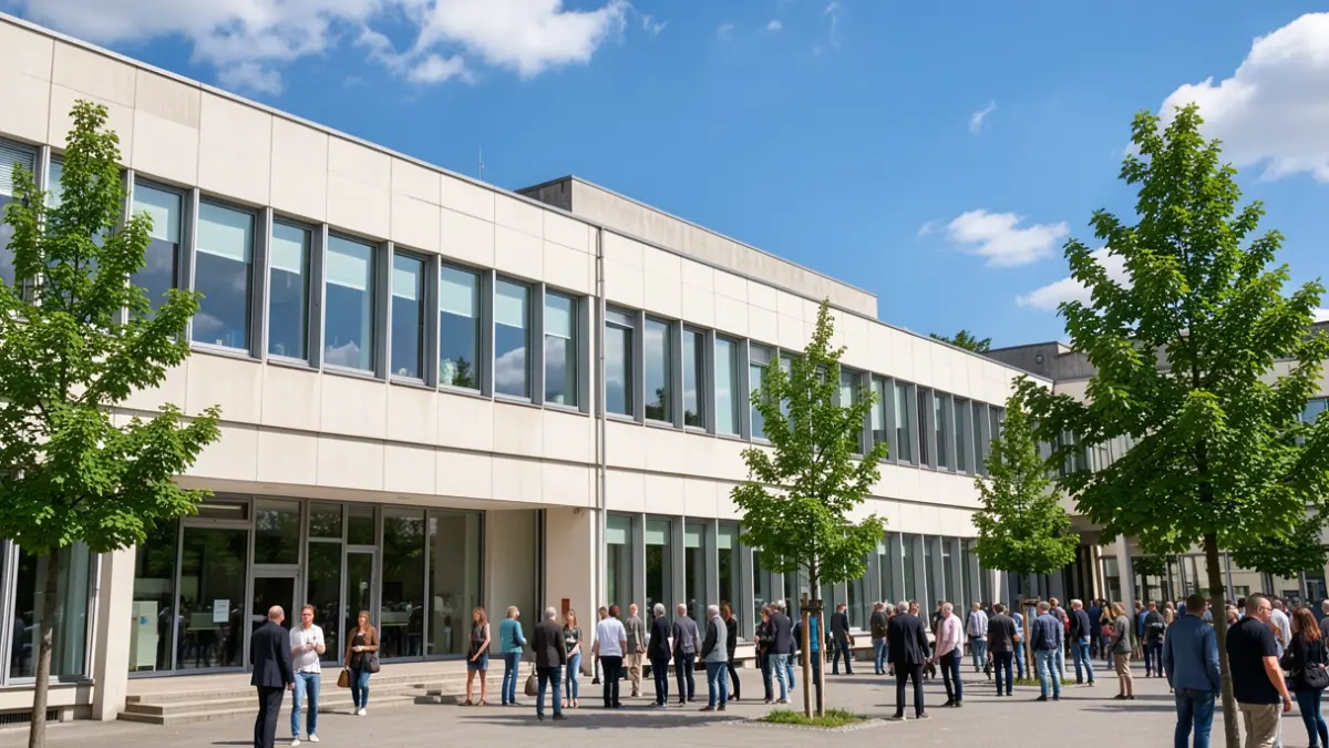 Generieke afbeelding van een modern gemeentehuis met grote ramen onder een heldere blauwe hemel.