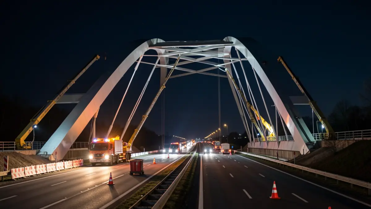 Een grote boogbrug wordt 's nachts over de E40 snelweg geplaatst, met bouwvakkers en omleidingsverkeer.