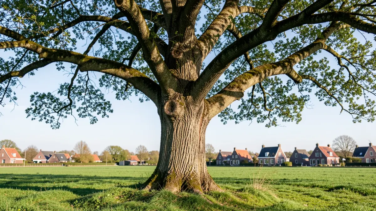 Een majestueuze, oude boom met een prominente stam en wijdvertakte takken, in een groen veld met een klein, traditioneel Vlaams dorp op de achtergrond onder een heldere blauwe hemel. De belichting suggereert een aangename, zonnige middag.