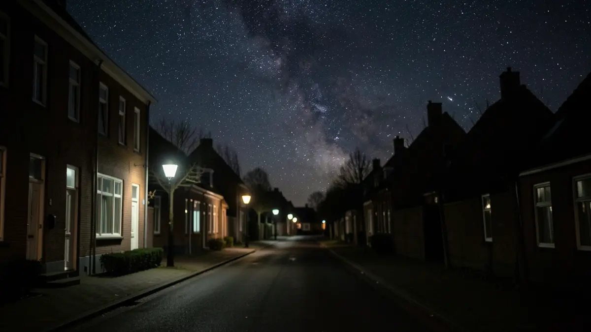 A dark street in Boutersem during the Night of Darkness, with the starry sky visible due to extinguished streetlights.