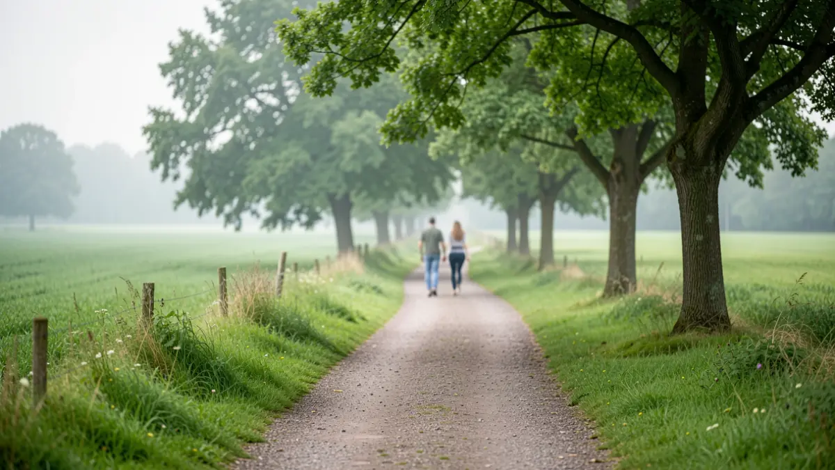 A peaceful walking path through a green Flemish landscape with mist, focusing on nature and tranquility.