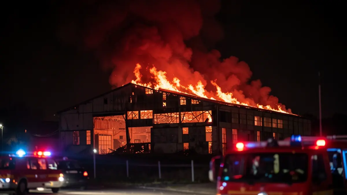 Generic image of an old warehouse on fire at night, with thick smoke and emergency lights visible in the foreground.