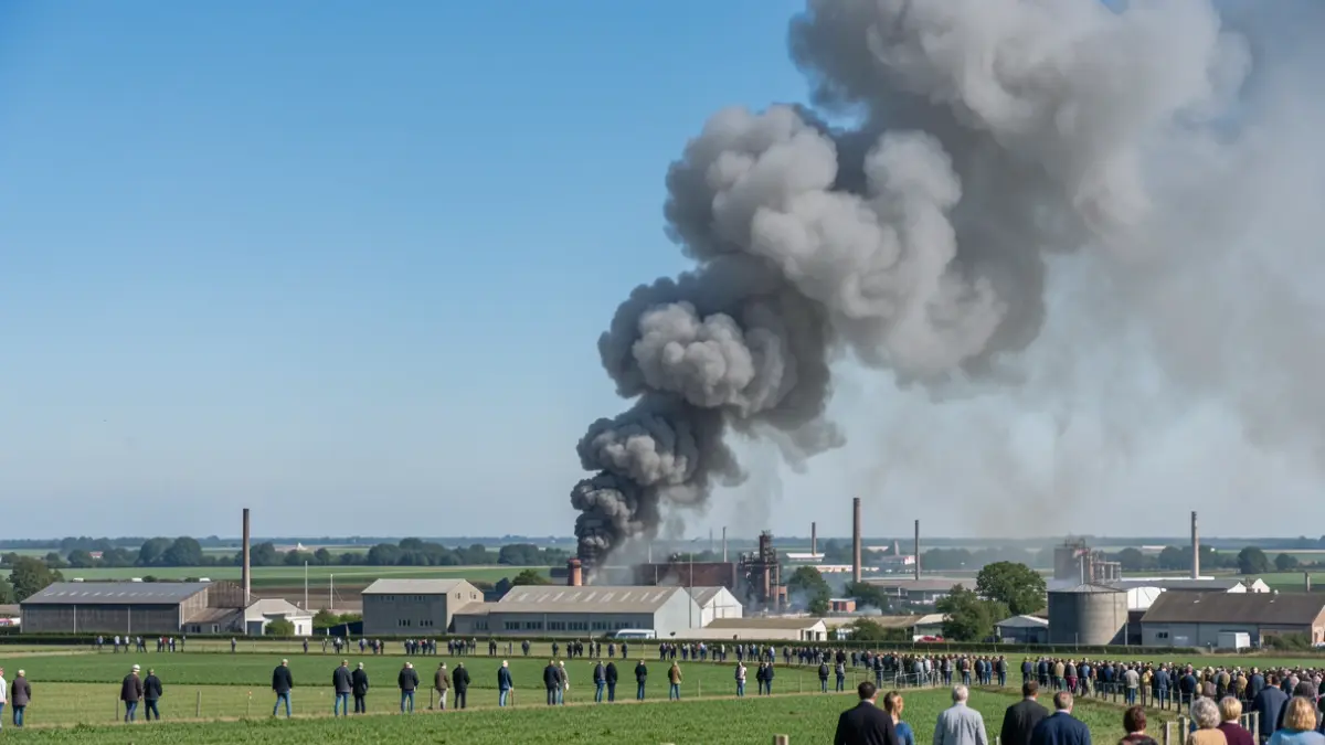 Generieke afbeelding van een kolom grijze rook die opstijgt uit een industrieel gebied in Vlaanderen, met een heldere blauwe hemel erboven.