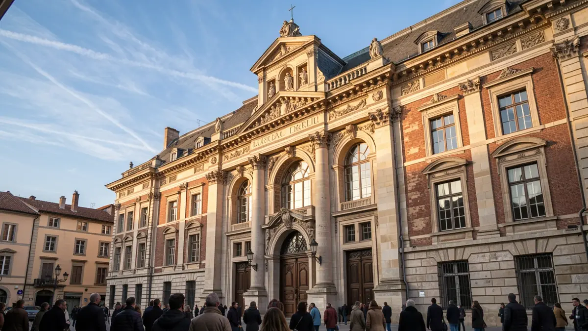 Generieke afbeelding van de gevel van een historisch gebouw met sierlijke architecturale details, badend in warm zonlicht. Blauwe lucht met enkele wolken.