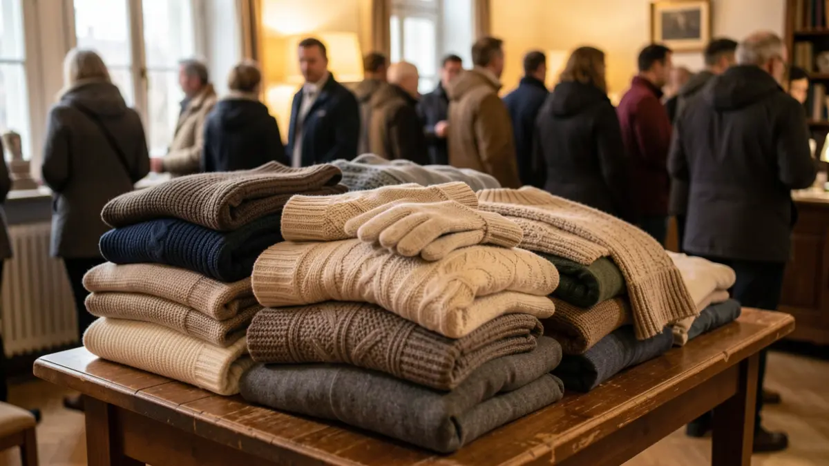 A pile of neatly folded, clean winter clothes like sweaters, scarves, and gloves, arranged on a wooden table in a warm, softly lit room. The focus is on the texture and warmth of the fabrics, suggesting donation and reuse.