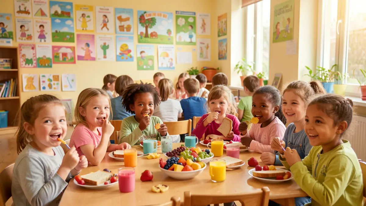 Generieke afbeelding van een groep kinderen die gezonde snacks eten in een klaslokaal.