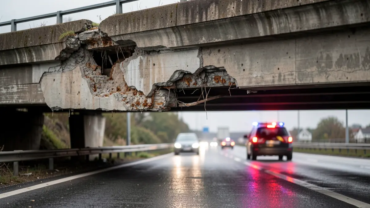 Generieke afbeelding van een beschadigde brug met corrosie boven een snelweg, met reflecterende noodverlichting op nat asfalt.