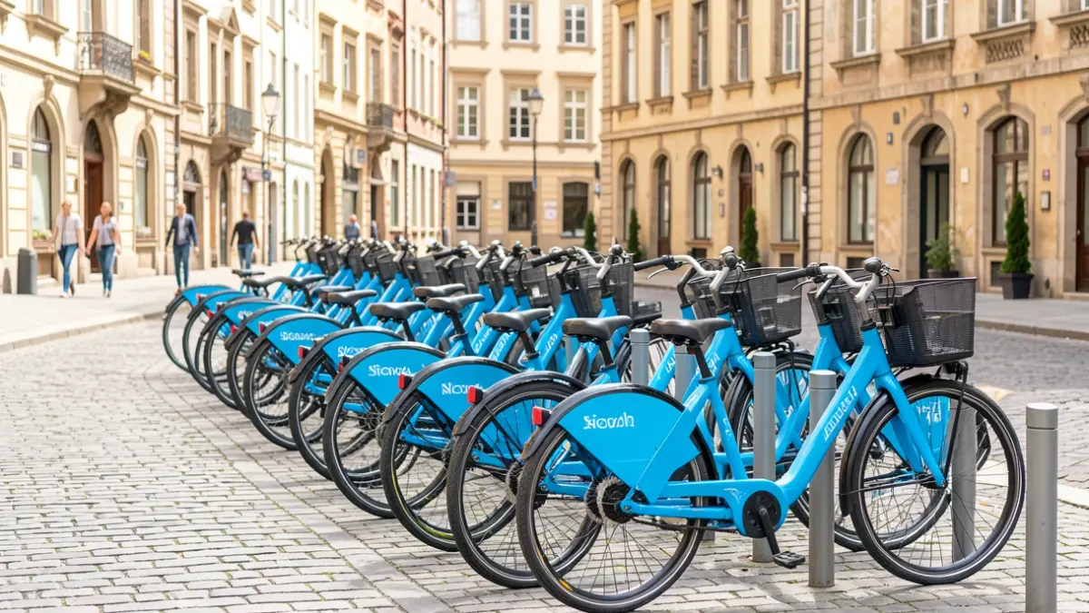 Generic image of a network of electric shared bicycles at various locations in a historic city with old architecture.