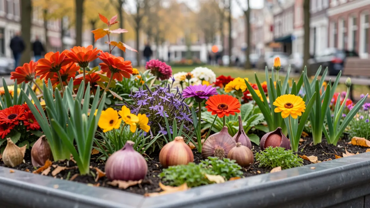 Generic image of colorful autumn flowers and bulbs in a city planter, soft daylight, shallow depth of field.