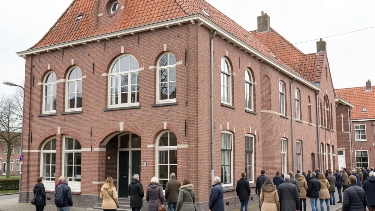 Generic image of the facade of a historic brick building with arched windows and a tiled roof, representing a former rectory repurposed for social housing in Flanders.