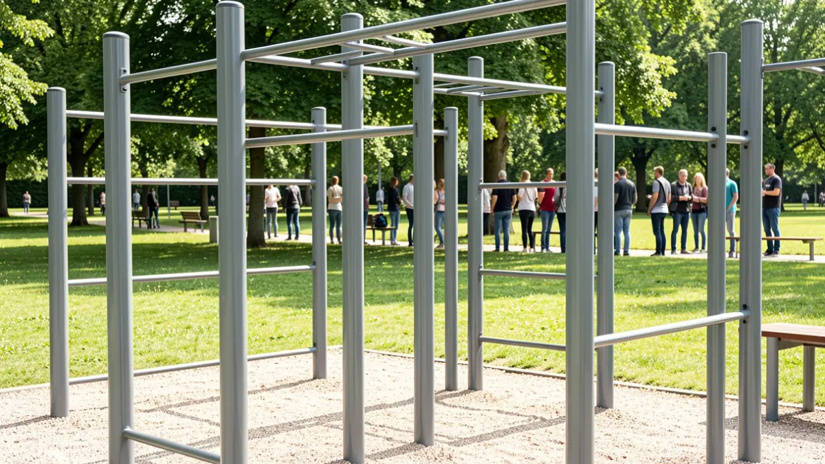 Generic image of a modern outdoor fitness obstacle and calisthenics course in a park setting, with green grass and trees in the background.