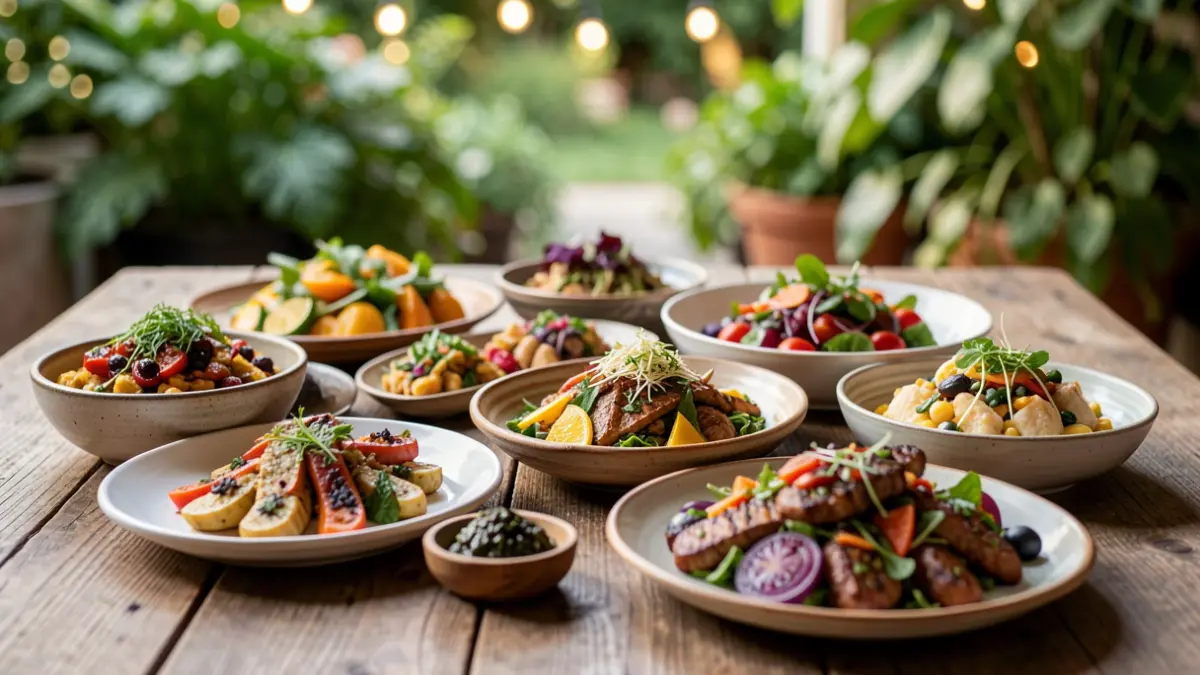 Generieke afbeelding van een diverse selectie van kleurrijke plantaardige gerechten op een rustieke houten tafel, met wazige groene achtergrond en zacht licht.