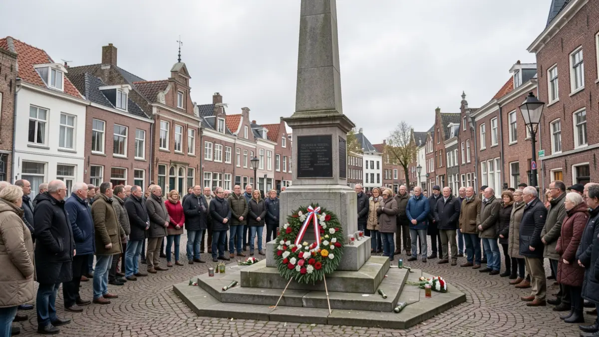 Generieke afbeelding van een herdenkingsplechtigheid aan een oorlogsmonument in een Vlaamse gemeente, met een kleine groep aanwezigen en bloemen.