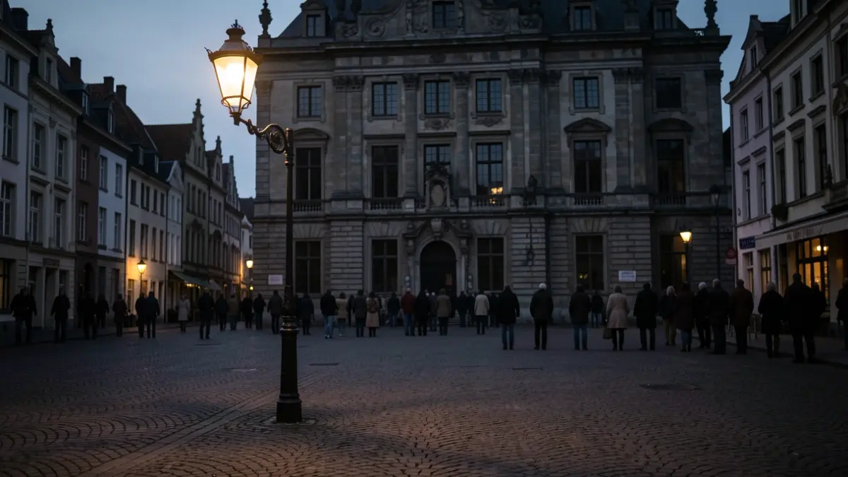 Generieke afbeelding van een plechtig dorpsplein bij schemering met een historische stadhuisgevel en een enkele straatlantaarn.