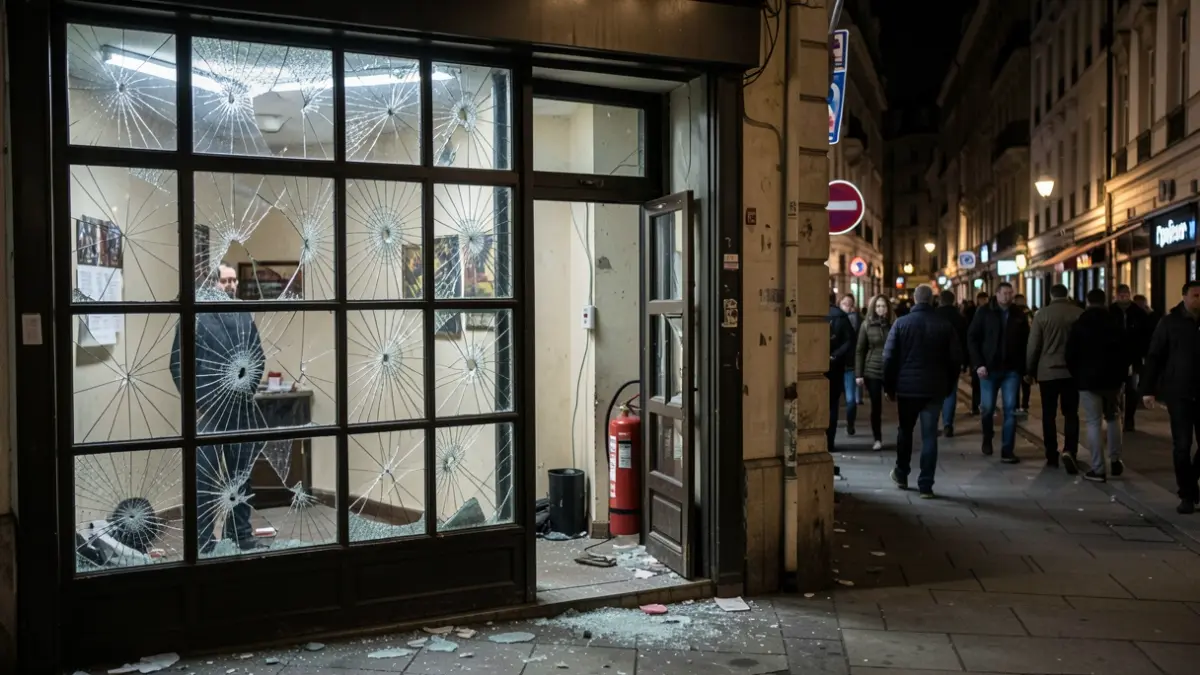 Closed eatery in Borgerhout with smashed windows, a fire extinguisher visible inside.