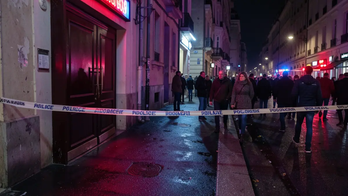 Generic image of a closed nightclub with police tape, streetlights, wet pavement, and emergency light reflections.