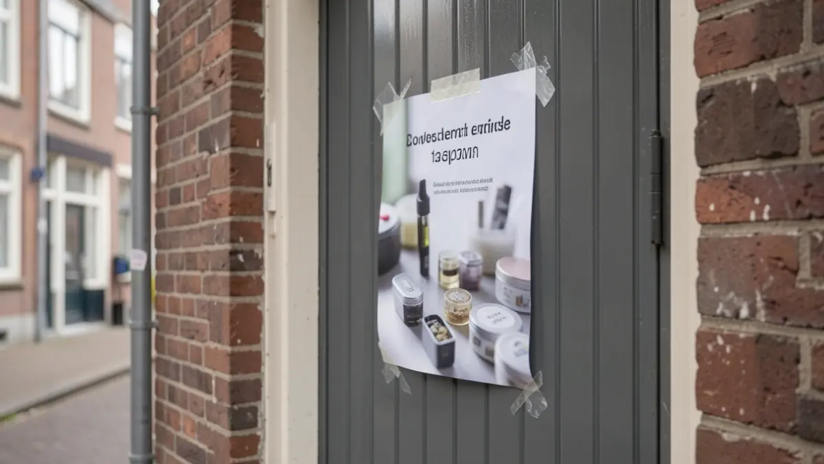 Generic image of a closed shop door with a closure notice, in a street in Antwerpen. The notice is partially obscured by a vague depiction of vape products.