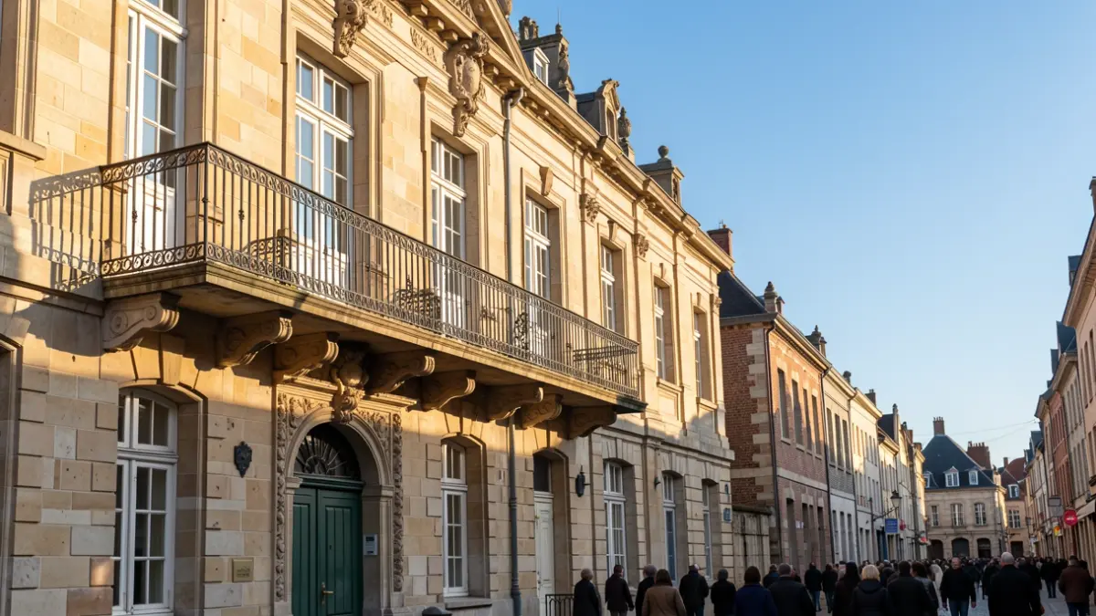 Stadhuis met balkon in de namiddagzon.