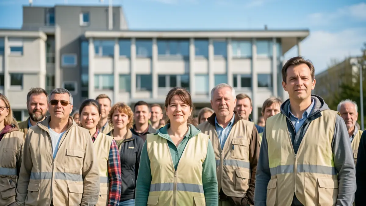 Generieke afbeelding van een groep diverse vrijwilligers in neutrale kleding, staand voor een modern gemeentehuis onder een blauwe hemel.