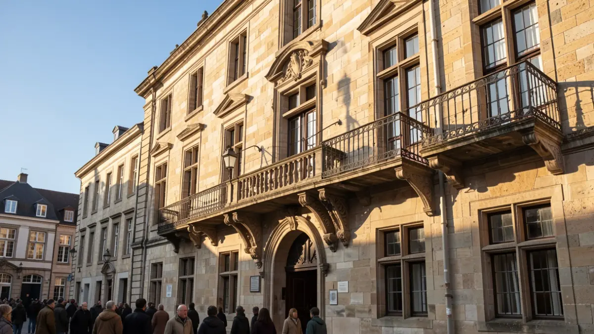 Generieke afbeelding van de gevel van een traditioneel stenen stadhuis met een sierlijke balkon en ijzeren balustrades, in warm middaglicht, met een blauwe lucht.